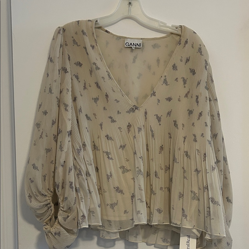 GANNI Cream and Purple Floral Blouse